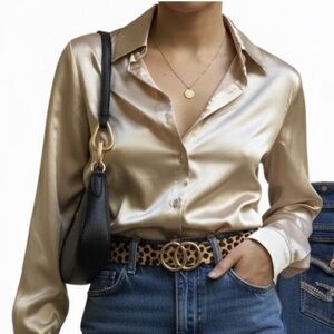 Chic Satin Button-Down Shirt in Cream